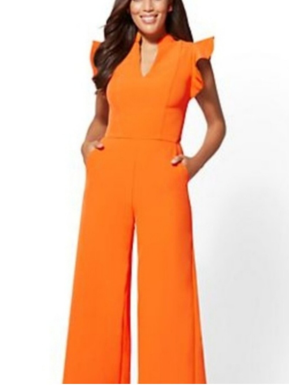 ⚡️$16 FINAL✨️ New York & Co Flutter Sleeve Orange Wide-Leg Jumpsuit Size L 🔴 - Picture 4 of 16